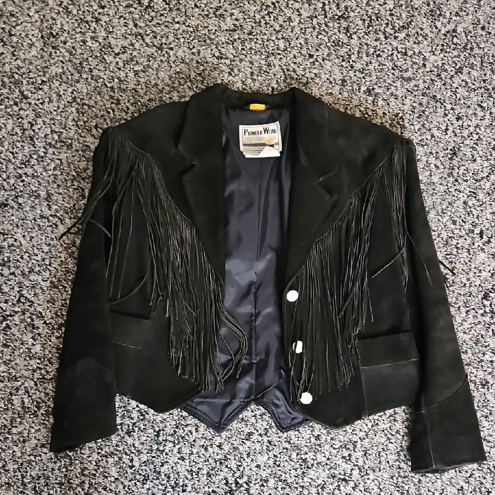 Vintage Pioneer Wear Black Suede Fringe Jacket